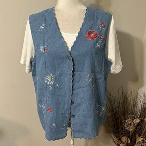 CRICKET LANE COLLECTION FLORAL EMBROIDERY BLUE DENIM VEST TOP LAYRED LOOK Sz M